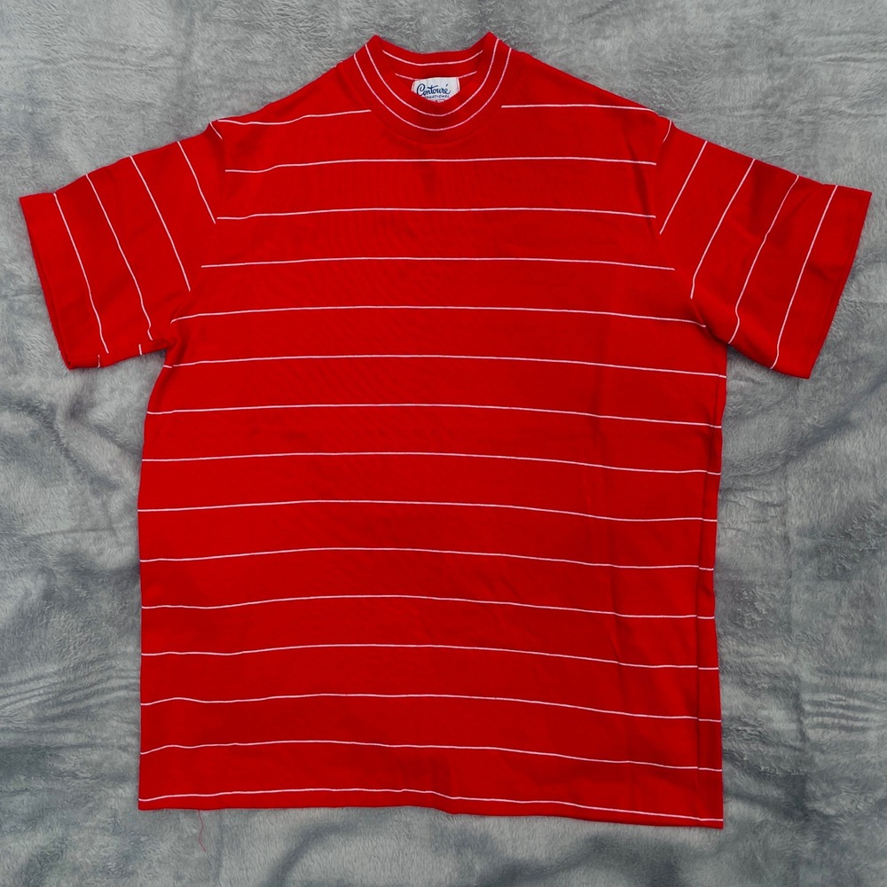 Retro Striped Mock‎ Neck Tee Contouré International 70s 80s Red White Size M